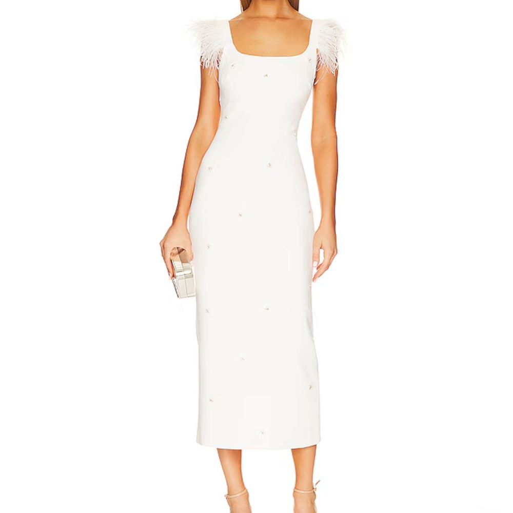 Likely White Crystal Embellished Dress|Ostrich Feather Sleeves